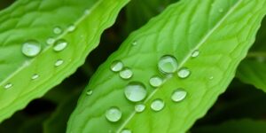 Close-up of water droplets on lush green plant leaves.