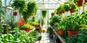 Greenhouse interior with plants and sunlight.