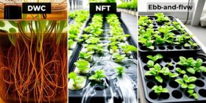 Hydroponic systems with plants.