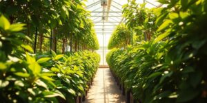 Lush green plants growing in water under bright lights.