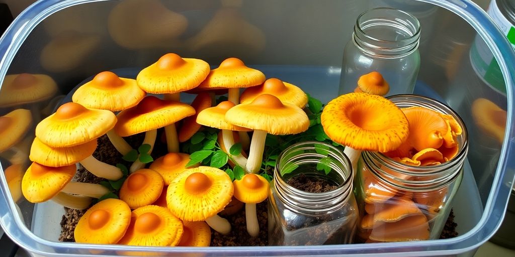 Mushrooms growing in a monotub and PF Tek jars.