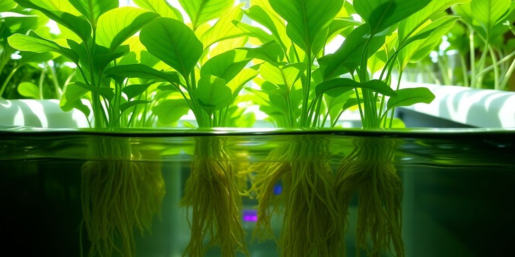 Healthy green plants growing in a hydroponic system.