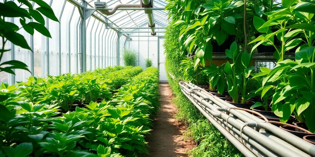 Greenhouse interior bright with healthy plants and heating elements.