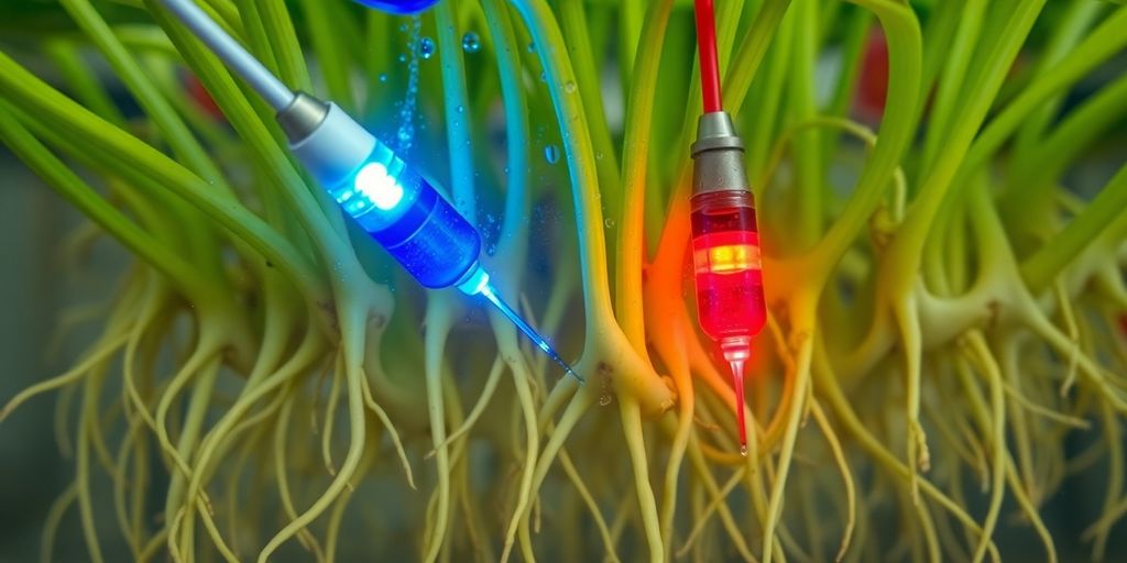 Plant roots in water with glowing blue and red probes.