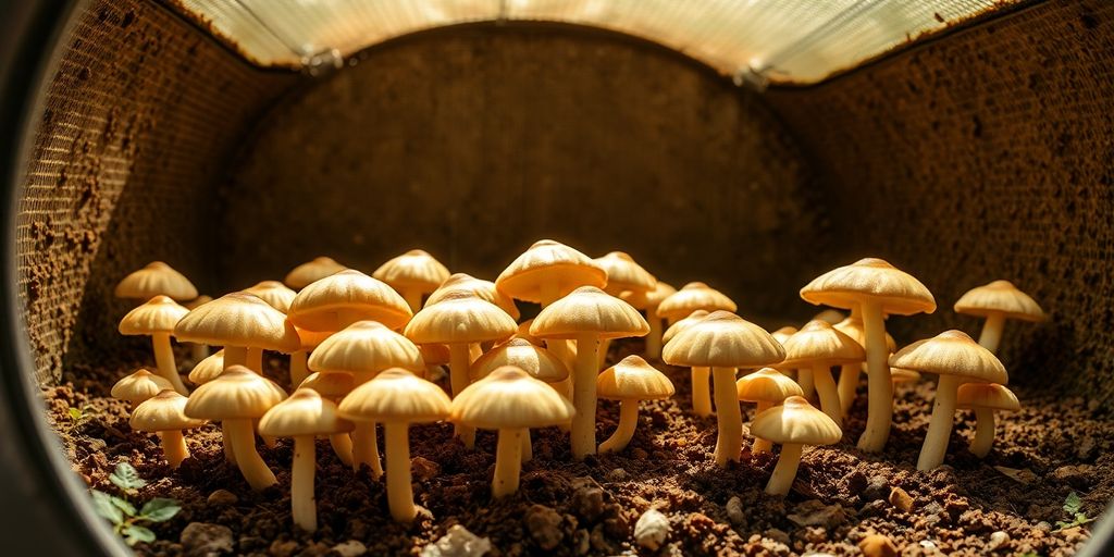 Mushroom monotub fruiting chamber with mushrooms.