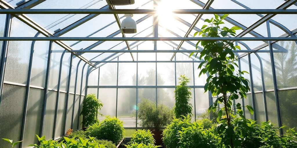 Modern greenhouse with glass panels and metal frame.