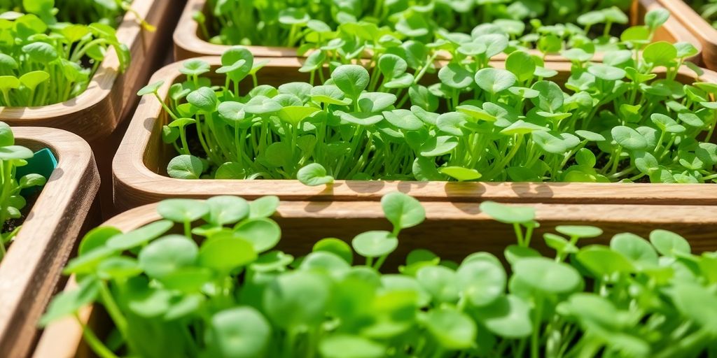 Microgreens growing in trays, ready for harvest.