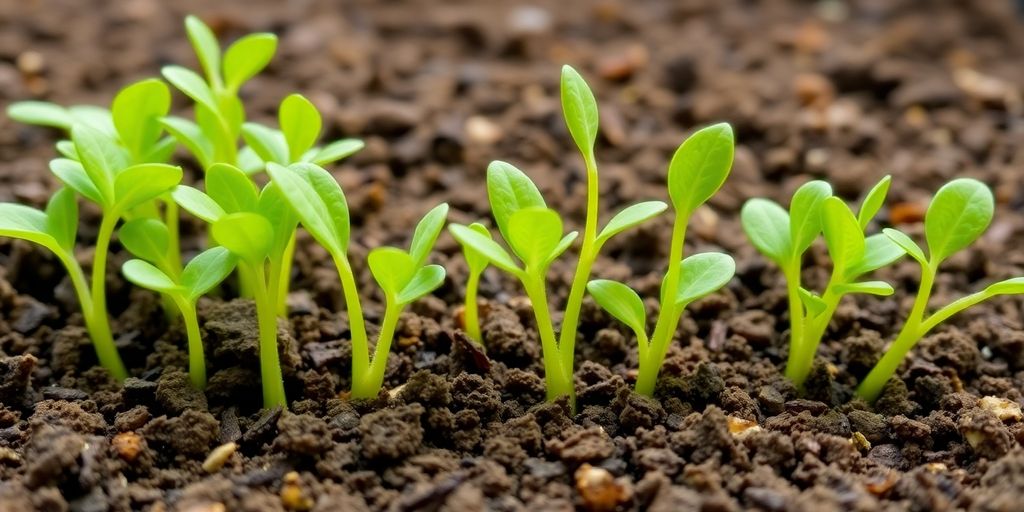 Tiny green microgreens sprouting from dark soil.