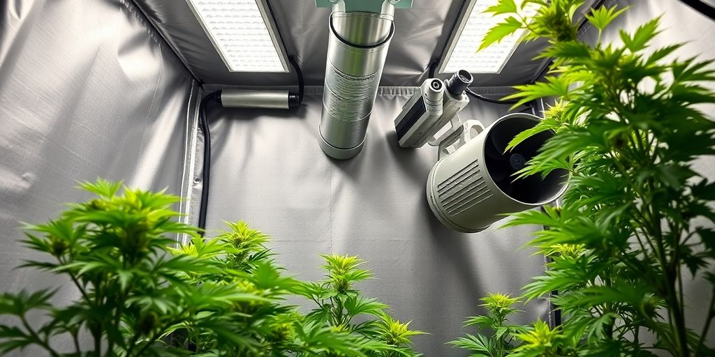 Inside a grow tent with plants and ventilation equipment.