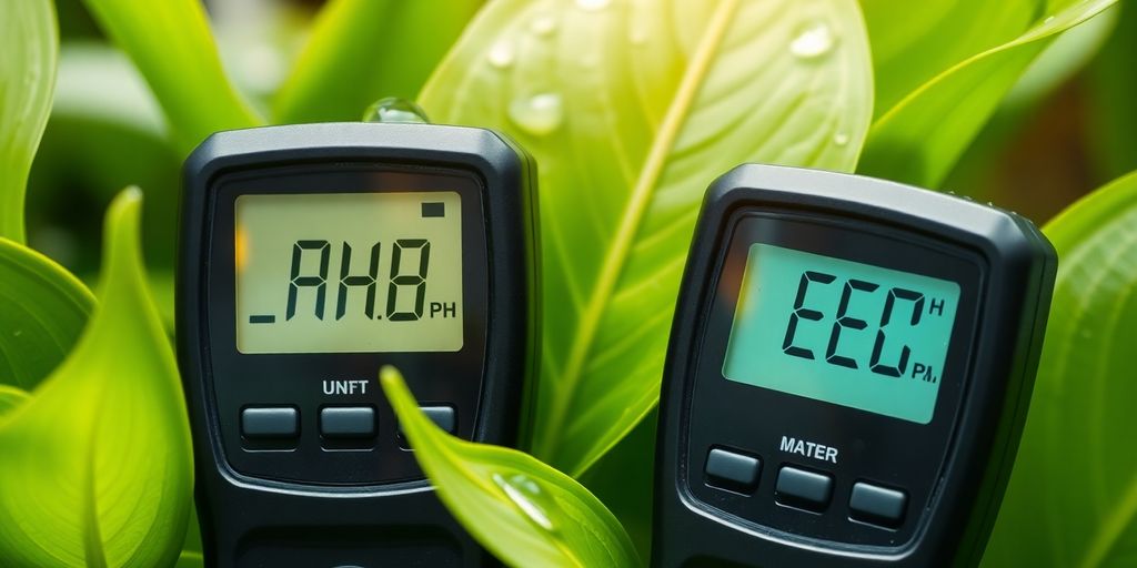 pH and EC meters in a lush plant environment.