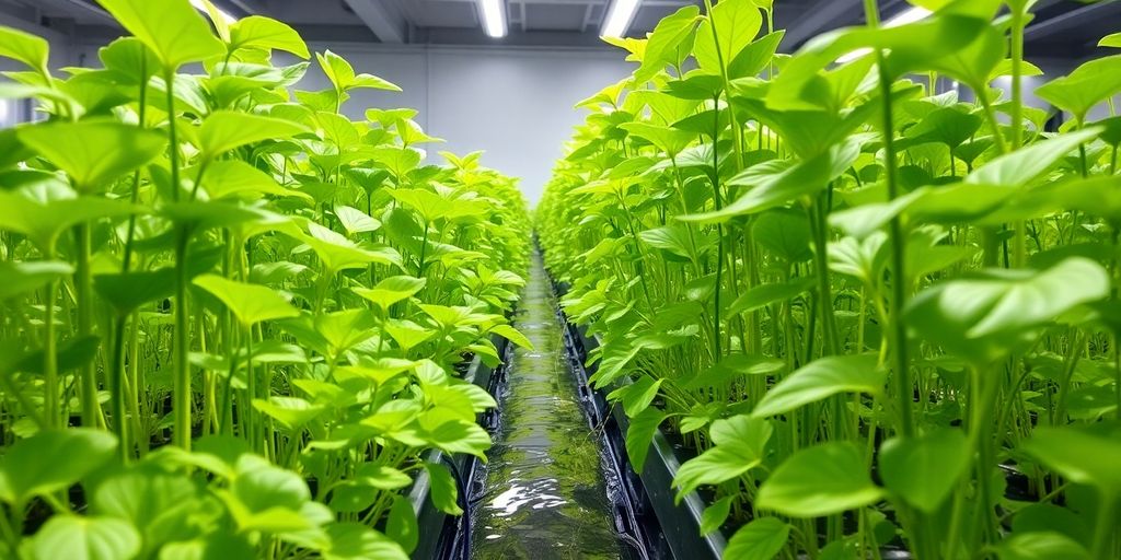 Lush green plants growing in a hydroponic system.