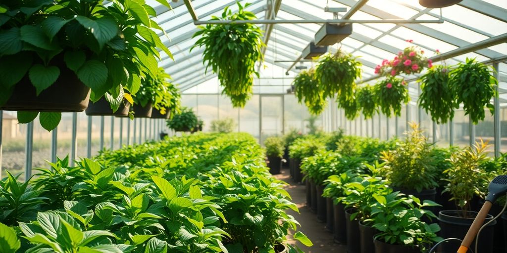 Lush indoor plants thriving in a modern greenhouse.