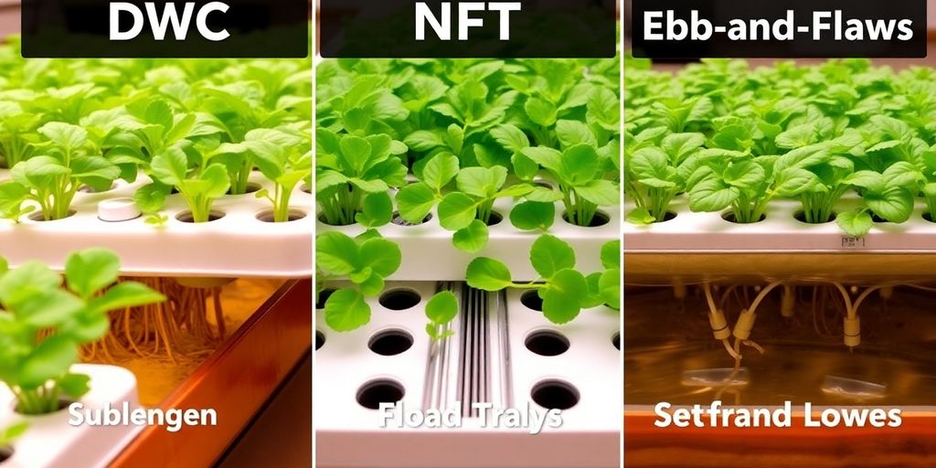 Three distinct hydroponic systems side-by-side.