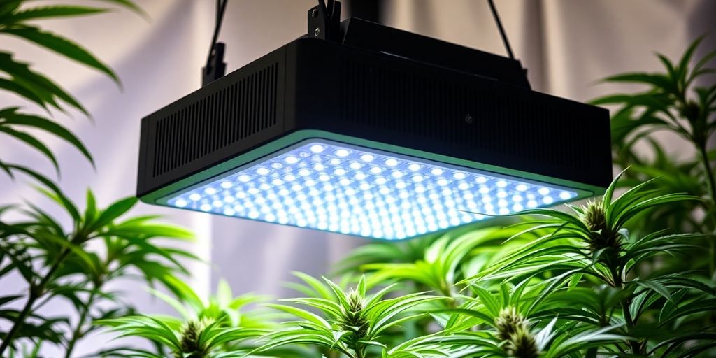 HLG 750 Diablo LED grow light illuminating plants.