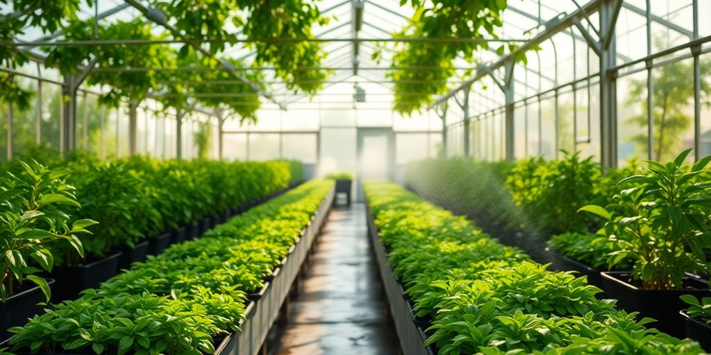 Greenhouse interior with healthy plants and cooling mist.