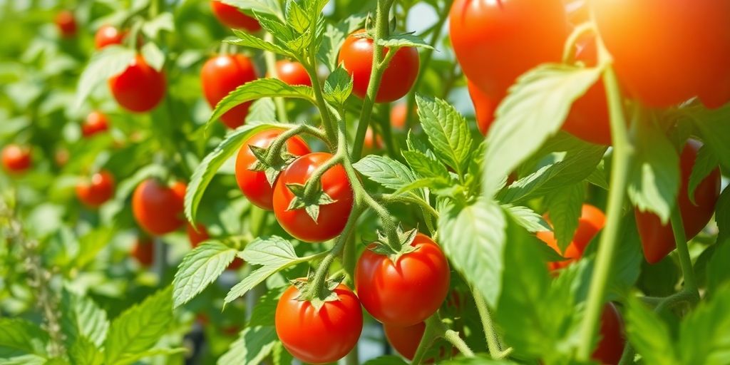 Vibrant hydroponic tomatoes and peppers growing.