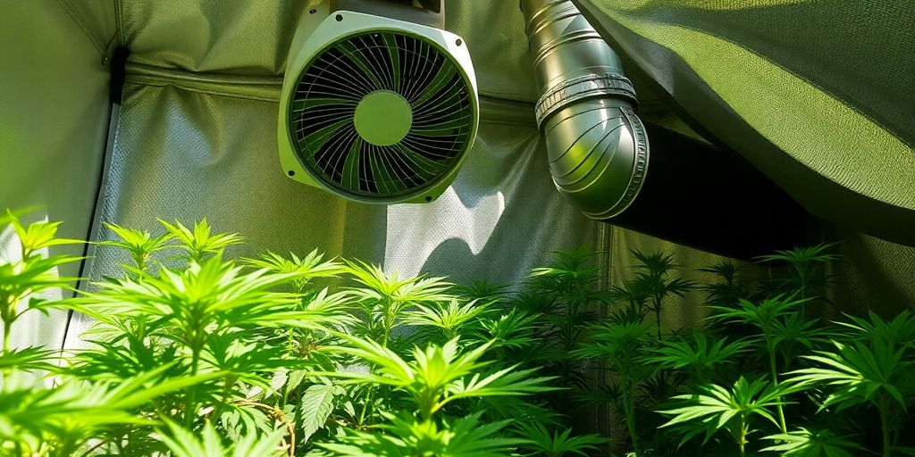 Grow tent with ventilation system and plants.