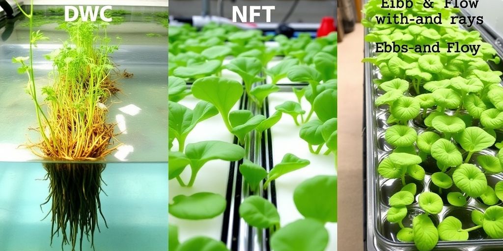 Three distinct hydroponic systems side by side.