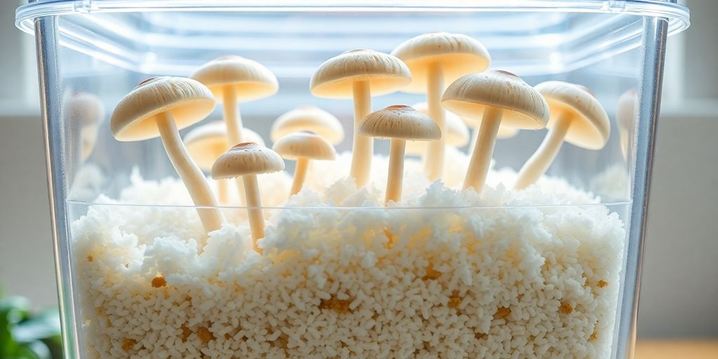 Monotub mushroom cultivation setup with substrate and mycelium.